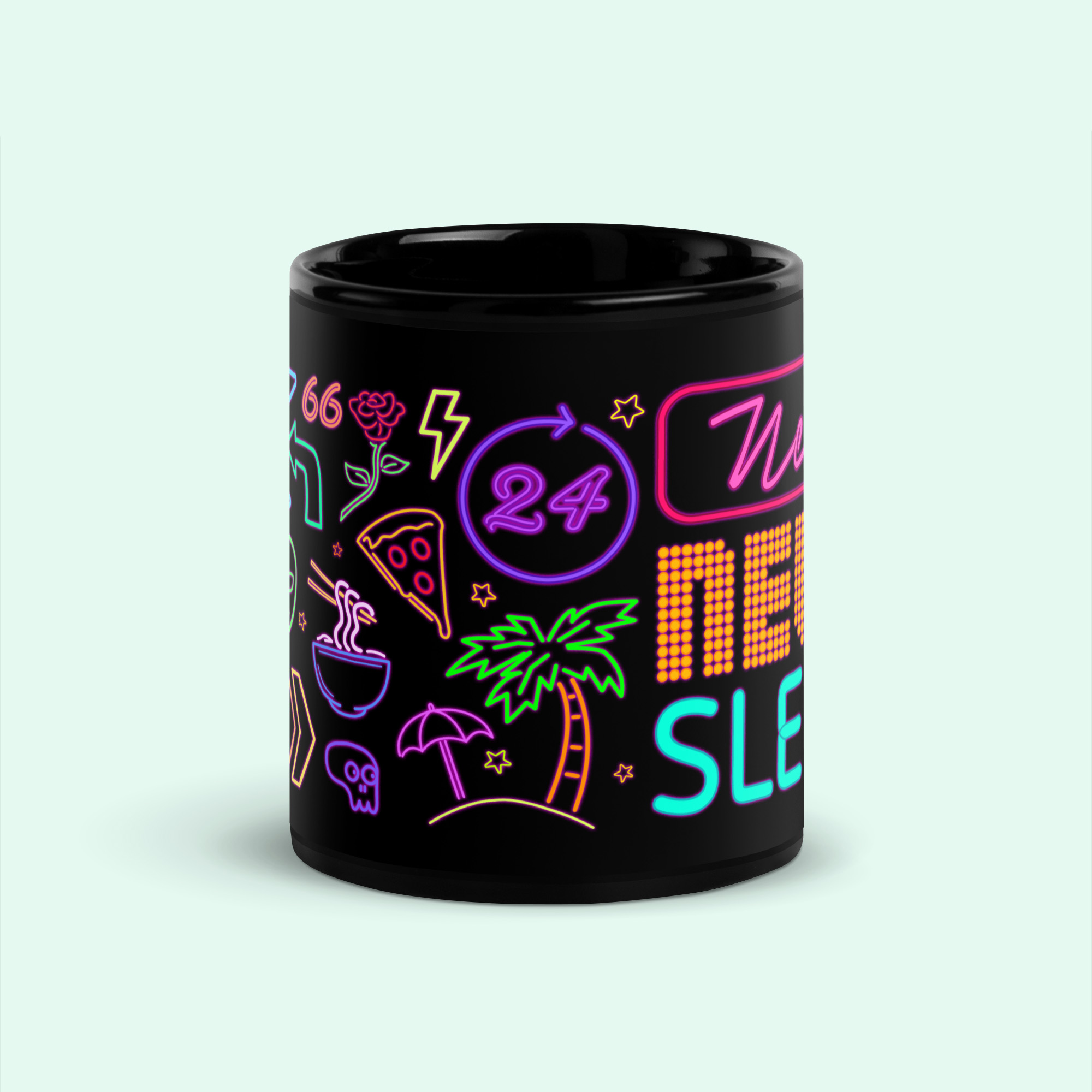 Black Glossy Mug /// Neon Never Sleeps - Image 2